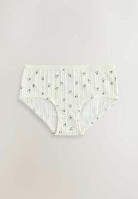 Baltas ribotas kokvilnas bikšu biksītes ar melnu ziedu rakstu, kurām ir mīksts elastīgs vidukļa jostas un pilna sedzoša konstrukcija ērtībai.