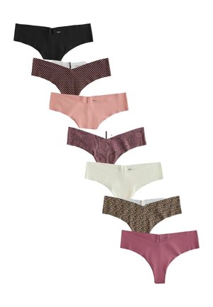 Sechs nahtlose Damenslips im Tanga-Stil in Schwarz, Braun mit Polka-Dots, Hellrosa, Lila mit Schlangenmuster, Weiß, Leopardenmuster und Mauve.