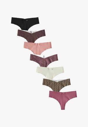 Sześć bezszwowych damskich stringów w kolorach: czarnym, brązowym w kropki, jasnoróżowym, fioletowym z nadrukiem w węża, białym, w cętki lamparta oraz w kolorze mauve.