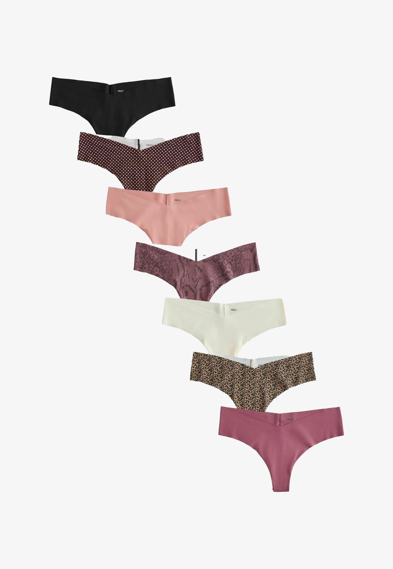 Six culottes string sans couture pour femmes en noir, à pois marron, rose clair, imprimé serpent violet, blanc, imprimé léopard et mauve.