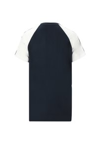 Mörkblå kortärmad t-shirt med diagonal vita raglanärmar, med klassisk rund halsringning och mjukt tyg.