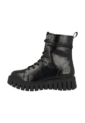 Bottines noires à lacets avec un extérieur à surface brillante et texturée, une semelle en caoutchouc épaisse et une languette à l'arrière pour un enfilage facile.