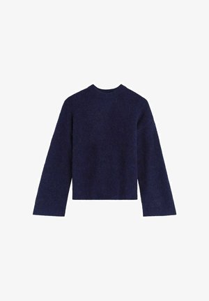 Tummansininen lyhyt villapaita, joka on valmistettu pehmeästä, tekstuurista kankaasta. Siinä on pitkät hihat ja pyöreä pääntie, yksinkertainen muotoilu ilman näkyviä koristeita.