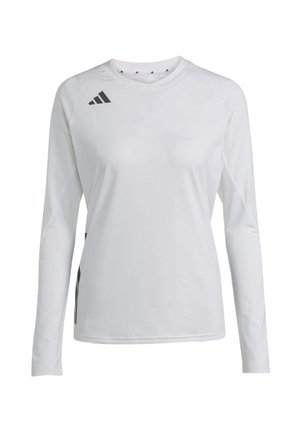 Long-sleeve athletic shirt in white fabric, featuring a rounded neckline and black Adidas logo on the left shoulder and side accent.
