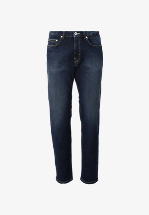 Tamno plave traperice s ravnim krojem, s prednjim džepovima i diskretnim žutim šavovima. Standardno zatvaranje s dugmetom i patentnim zatvaračem.