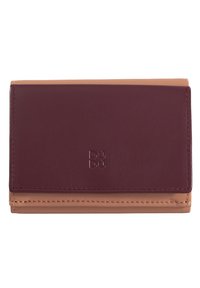 Leather wallet in burgundy and tan, featuring a smooth texture, minimalist design, and embossed logo; compact rectangular shape.