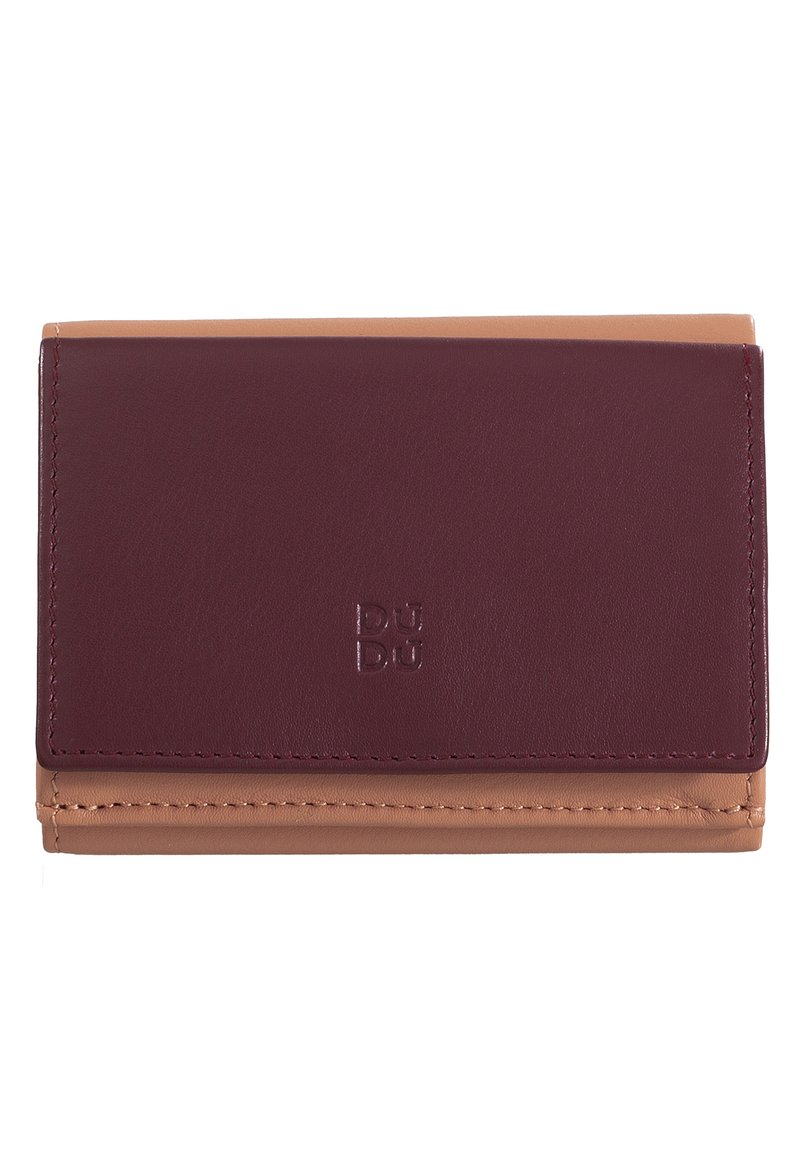 Leather wallet in burgundy and tan, featuring a smooth texture, minimalist design, and embossed logo; compact rectangular shape.