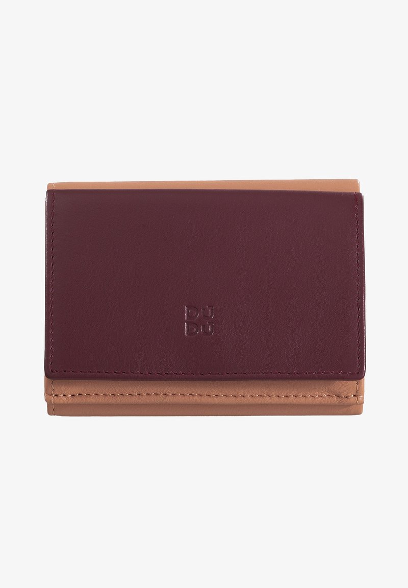Leather wallet in burgundy and tan, featuring a smooth texture, minimalist design, and embossed logo; compact rectangular shape.