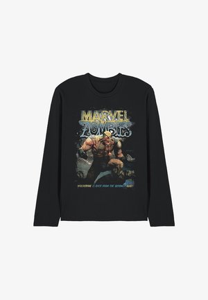 Schwarzes Langarmshirt mit einem grafischen Druck von Wolverine aus Marvel Zombies, mit buntem Text "MARVEL ZOMBIES" und einer Bildunterschrift darunter.