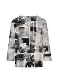 Langärmliges Hemd mit abstrakten schwarzen und grauen grafischen Mustern und Text auf weißem Hintergrund, mit rundem Ausschnitt.