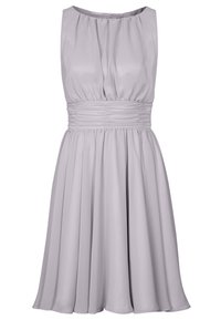 Robe sans manches gris clair longueur genou avec corsage froncé, taille froncée et jupe fluide.
