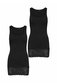 Schwarze Tanktops mit quadratischer Ausschnitt, aus glattem Stoff hergestellt, mit Spitzensaum am unteren Rand. Zwei Stücke nebeneinander ausgestellt.