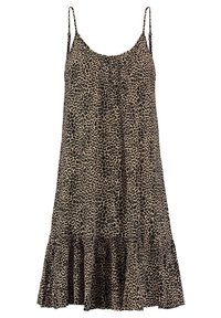 Robe sans manches à imprimé léopard avec un corsage froncé, un ourlet évasé et un tissu léger à la texture douce.