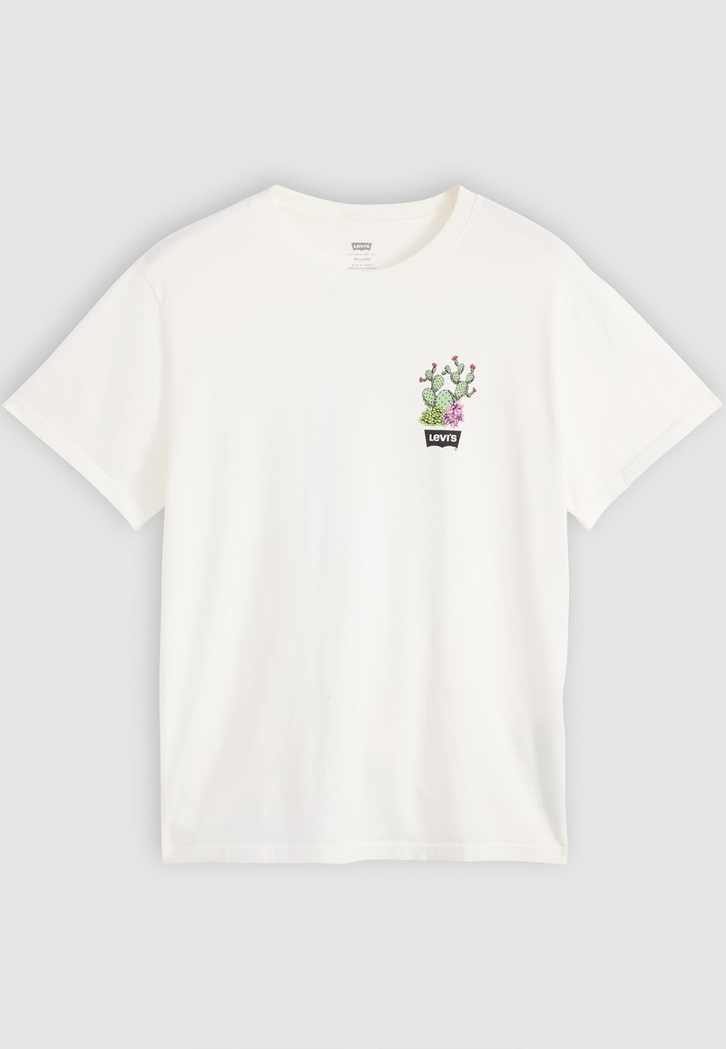 Camiseta de algodón blanca con un gráfico de cactus y flores en verde y rosa, con una etiqueta negra de "Levi's" en la parte superior. Mangas cortas y cuello redondo.