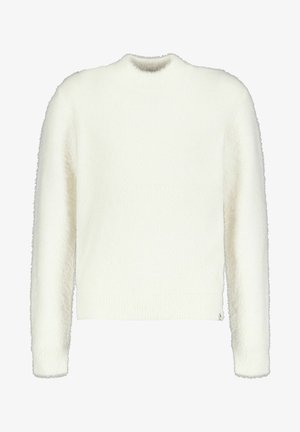 Biały, puszysty sweter z długimi rękawami i okrągłym dekoltem. Miękka faktura, lekko krótki w talii, bez widocznych zapięć ani wzorów.