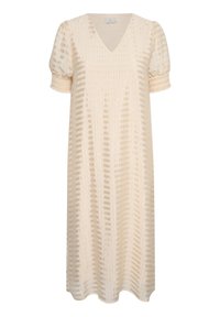 Beiges Midi-Kleid mit V-Ausschnitt, kurzen Puffärmeln und gesmoktem Bündchen. Hat ein gestreiftes Muster und einen fließenden, leichten Stoff.