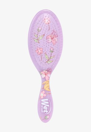 Lilla hårbørste med blomsterdesign og fine børstehår, mærket "Wet Brush" på håndtaget.