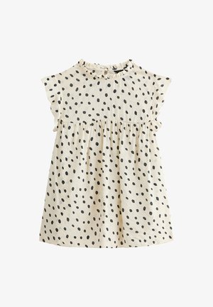 Baumwollkleid mit kurzen, rüschierten Ärmeln, cremefarbener Basis und verstreuten schwarzen Punkte. Der geraffte Taillenschnitt sorgt für eine ausgestellte Form.