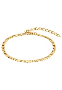 Gullkjettingarmbånd med sammenflettede lenker, glatt tekstur og en lås med justerbar kjedeutvidelse for variasjon i størrelse.