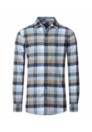 Herren-Hemd mit Knopfleiste im Karomuster, das blaue, braune und beige Quadrate zeigt. Hergestellt aus einem Stoff mit glatter Textur und langen Ärmeln.