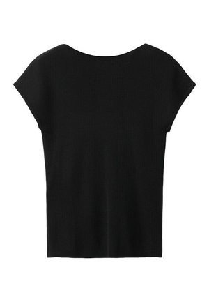 Sort kortærmet striktop med rund halsudskæring, løs pasform og lige kant.