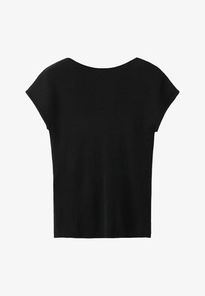 Sort kortærmet striktop med rund halsudskæring, løs pasform og lige kant.