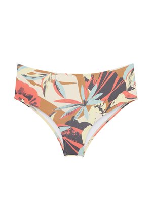 Culotte de bikini taille haute avec un motif floral en nuances de rouge, beige, vert et marron ; fabriquée en tissu extensible à la texture lisse.