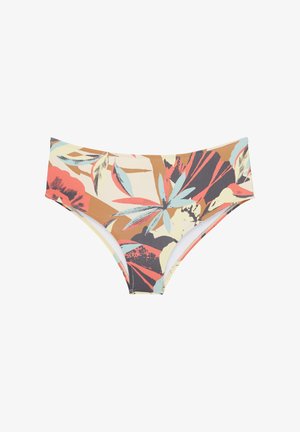 Bikinibund i høj talje med blomstermønster i nuancer af rød, beige, grøn og brun; lavet af strækstof med glat tekstur.