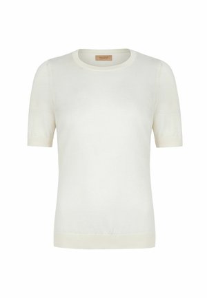 Weißer Strickpullover mit kurzen Ärmeln, Rundhalsausschnitt sowie gerippten Bündchen an Ärmeln und Saum, auf weißem Hintergrund dargestellt.