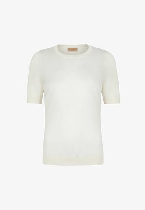 Biały sweter z krótkim rękawem, okrągłym dekoltem oraz ściągaczami na mankietach i dole, prezentowany na jednolitym białym tle.