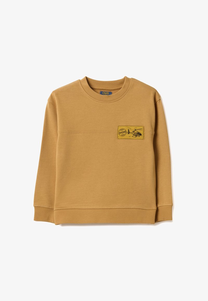 Senfbrauner Langarm-Rundhalsausschnitt-Sweatshirt mit Rippbündchen an Ärmeln und Saum, versehen mit einem kleinen Patch mit Hubschraubergrafik und Schriftzug auf der Brust.