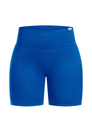 Blå sportsbukser med en bred, elastisk talje, der har en glat tekstur og en tætsiddende pasform. Ingen yderligere mønstre eller accenter.