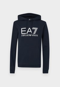 Tengerészkék kapucnis pulóver kenguru zsebbel, húzózsinóros kapucnival és fehér, "EA7 EMPORIO ARMANI" márkajelzésű logóval az elején. Pamut keverék anyagból készült.
