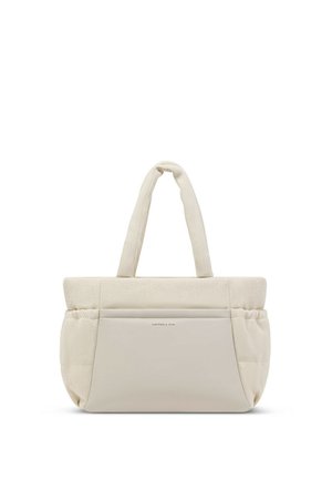 Beige weiche Stofftasche mit breiten gepolsterten Griffen und glatter Fronttasche mit dem Aufdruck Kapten & Son.