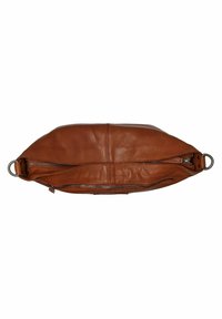 Ruskea nahkainen pussukka, vetoketjukiinnitys ylhäältä, pyöreä muoto, sileä pinta ja metallirengasakseli yhdessä sivussa.