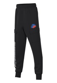 Pantalones de chándal negros con una cintura elástica, bolsillos laterales de carga y detalles del logo impresos en rojo y azul. Fabricados con un material suave y elástico.
