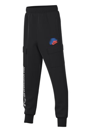 Schwarze Jogginghosen mit elastischem Bund, seitlichen Cargo-Taschen und bedruckten Logodetails in Rot und Blau. Hergestellt aus einem glatten, dehnbaren Material.