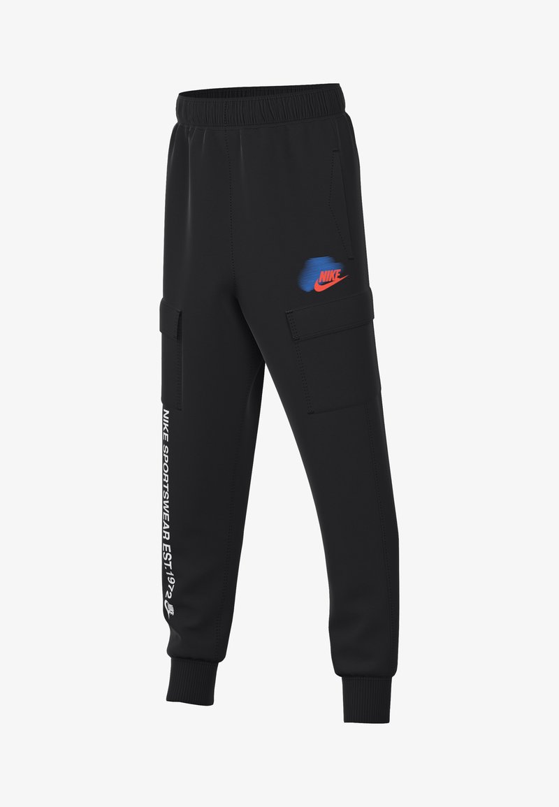 Pantalons de survêtement noirs avec une taille élastique, des poches cargo latérales et des détails de logo imprimés en rouge et bleu. Fabriqués dans un matériau lisse et extensible.