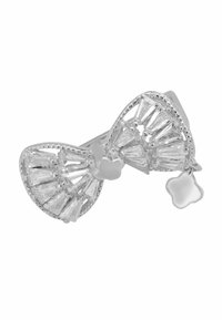 Silver bow-shaped hair clip adorned with clear, angular jewels and a small flower accent, featuring a textured surface with intricate detailing.
