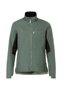 Giacca leggera verde con colletto alto, chiusura a zip frontale e dettagli neri su maniche e lati. Presenta il logo sul petto.