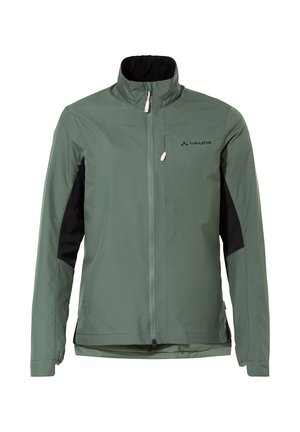 Grüne, leichte Jacke mit hohem Kragen, Reißverschluss vorne und schwarzen Akzenten an den Ärmeln und Seiten. Mit Logo auf der Brust.