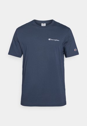Navy blue short-sleeve t-shirt made of cotton with a round neckline and white "Champion" logo on the chest and sleeve.