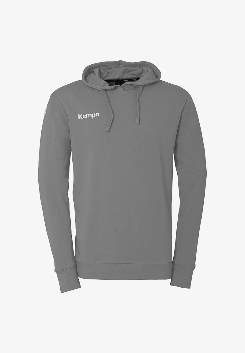Grauer Kapuzenpullover aus weichem Stoff, mit einer Kängurutasche, Kordelzugkapuze und weißem "Kempa"-Logo auf der linken Brust.