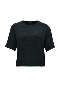 T-shirt noir à manches courtes avec une texture, présentant un design côtelé et un col rond. Le tissu semble confortable et légèrement ample.