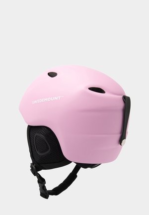 Casco da sci rosa con finitura opaca, dotato di fori di ventilazione, interno imbottito nero, cinturino regolabile per il mento e dettaglio con marchio.