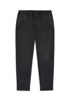 Pantalons en denim noir avec une taille élastique, poches avant et coupe droite. Présente des coutures subtiles et une texture lisse.