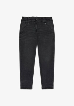 Schwarze Jeans mit elastischem Bund, frontalen Taschen und geradem Schnitt. Verfügt über dezente Nähte und eine glatte Textur.