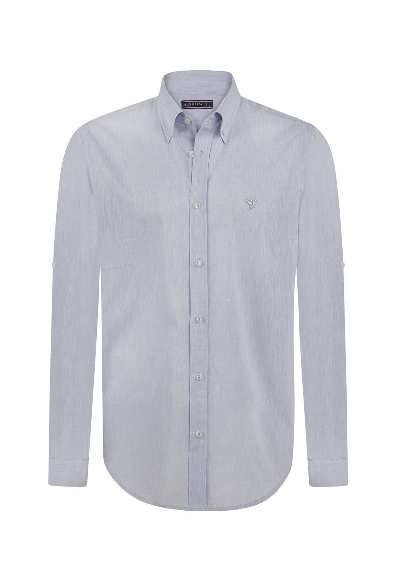 Lichtblauw button-up shirt met een logotashe, zachte katoenstructuur, lange mouwen en ronde zoom. Voorzien van een sluiting met knopen aan de voorkant.