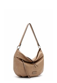 Borsa a spalla in pelle color beige con design morbido, tracolla singola e dettagli neri. Presenta una parte superiore piegata e un dettaglio di nappina decorativa.