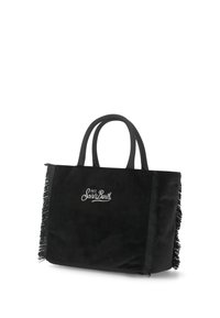 Sac fourre-tout en suède noir avec des accents de franges sur les côtés, arborant le logo brodé "MC2 Saint Barth" sur le devant. Deux poignées robustes.